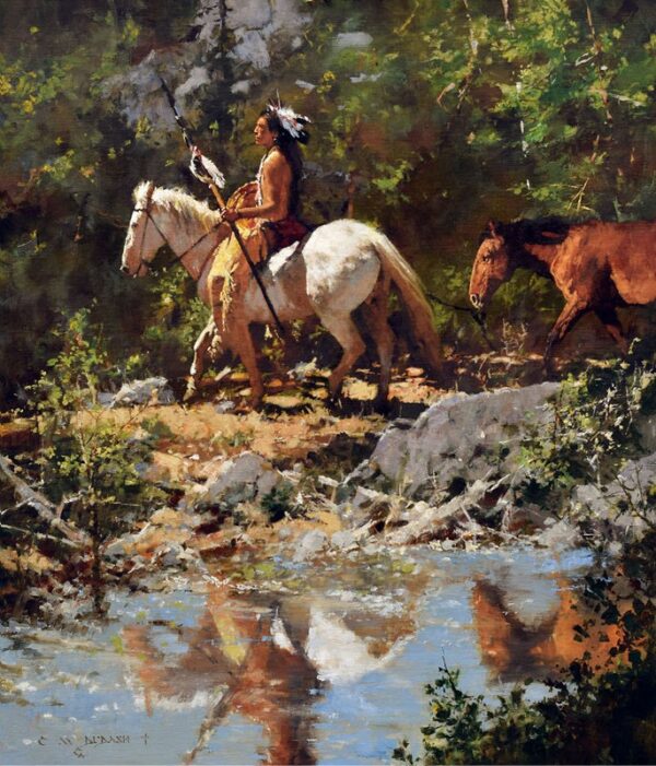 [aintin gof a native american on horseback with the image reflected in a creek