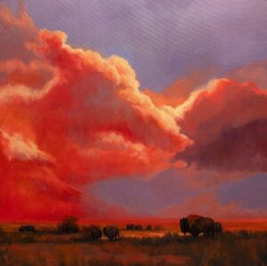 Bison under an orange sky