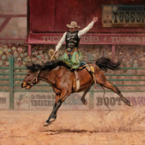 painting of a cowboy on a bucking horse