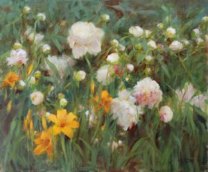 peonies with yellow day lillies