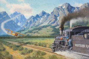 a fun painting of a crop duster playing chicken with a freight train