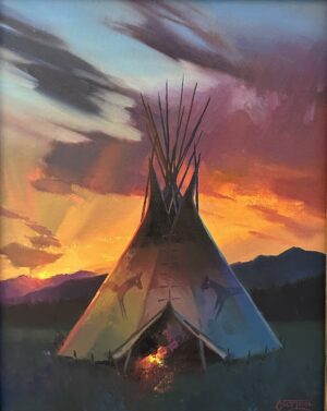 painting of a teepee with a fire inside against a spectacular sunset