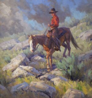 painting of a cowboy riding down a hill on a horse