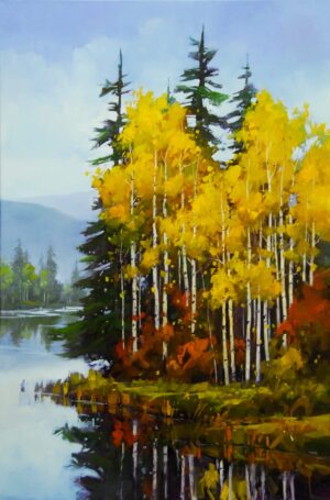 painting of yellow aspens, with red bushes in front of pine trees, growing at the water's edge