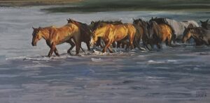 painting of horses crossing a river