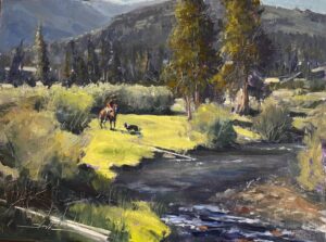 painting of a coyboy on horseback riding alongside a creek with a dog