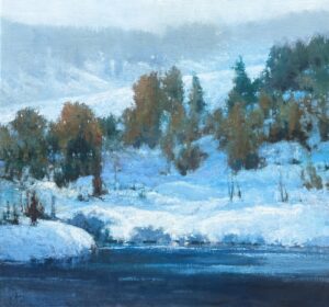 painting of a snowy hillside with tress in the midground and water in the foreground