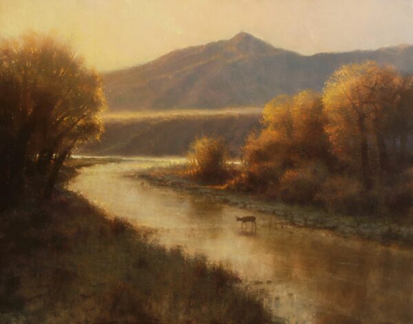 painting of a deer crossing a river