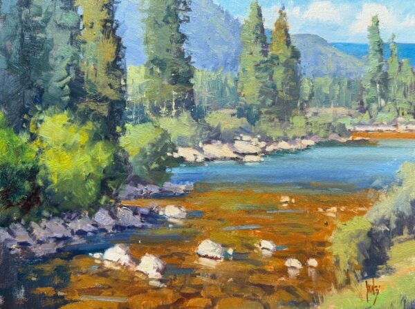 painting of a cedar lined river bank