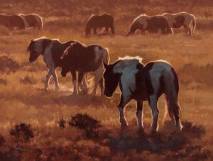 painting of a herd of horses walking in a dusty field