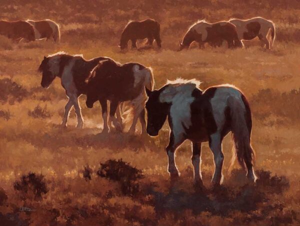 painting of a herd of horses walking in a dusty field