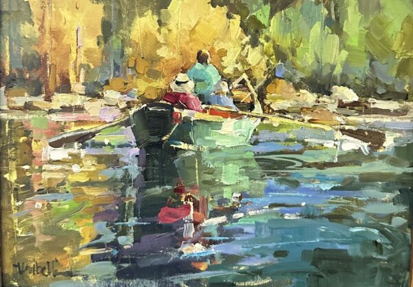 painting of two people in a boat floating down a river