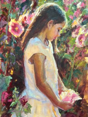 painting of a young girl gazing at flowers in the garden