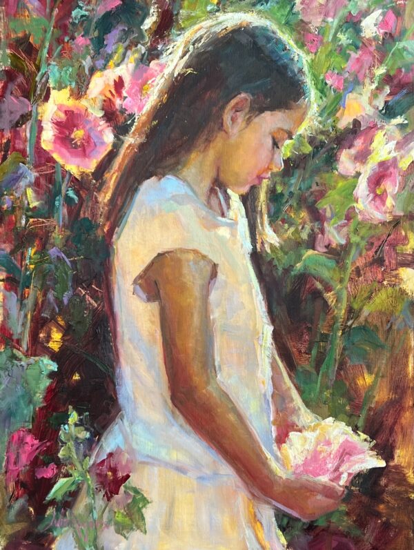 painting of a young girl gazing at flowers in the garden