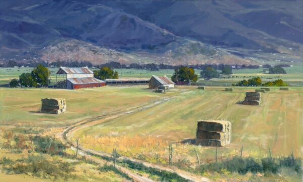 painting of field with hay bales in front of a rustic barn