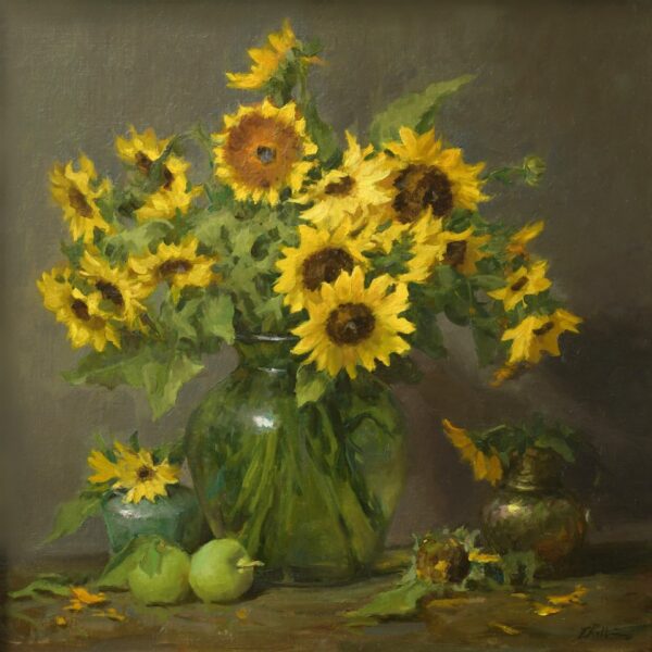 still life painting of sunflowers in a green vase