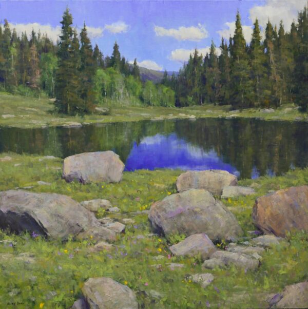 painting of a high country lake with a reflection of the sky on the water