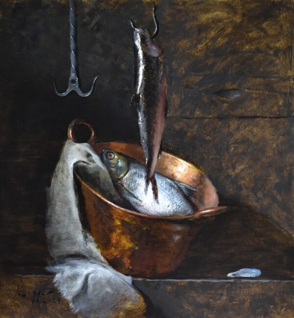 painting of the day's catch in a copper pail