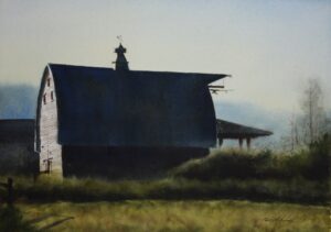 painting of an almost silhouetted dairy barn