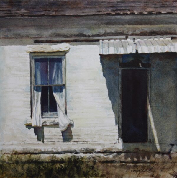 painting of a whitewashed building with the curtain tails hanging out of an open window