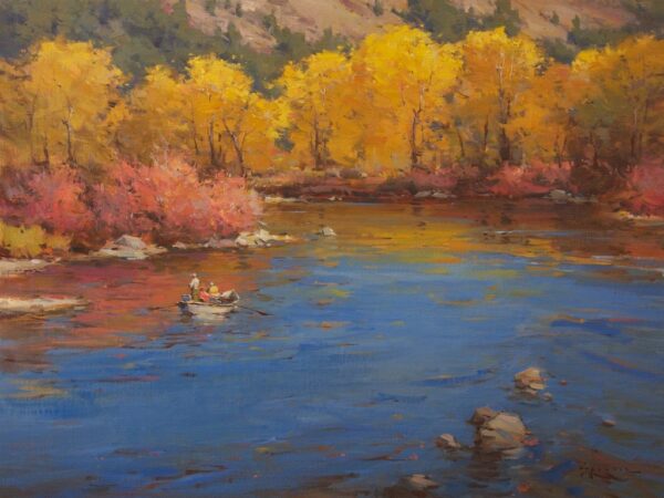 painting of a boat with fisherman n a lake surrounded by fall trees