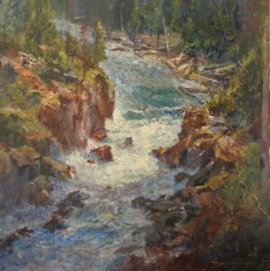 landscape painting of the Flathead River taken from an aerial view