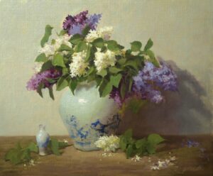 still life painting of white and purple lilacs on a white and blue vase