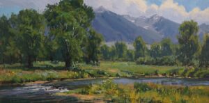 painting of a river wandering through a field with a mountain in the background