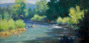 painting of a flu fisherman casting in a creek