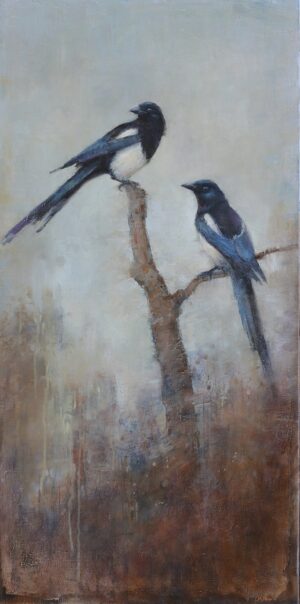 painting of two magpies on a branch