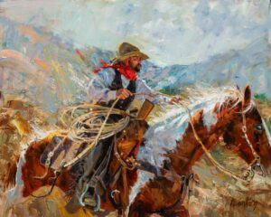 painting of a roper riding a horse