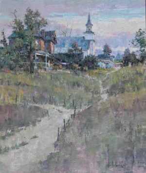 painting of an old church down a small lane