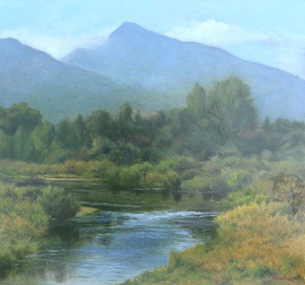 painting of river with mountains in the backdrop