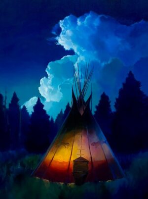 painting of storm clouds over a tee pee