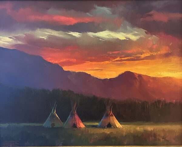 painting with 3 teepees against a beautiful sunset sky