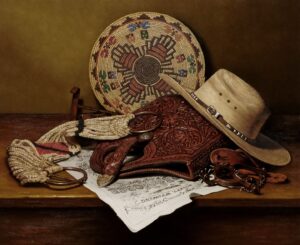 still life painting of hat, drum, gun