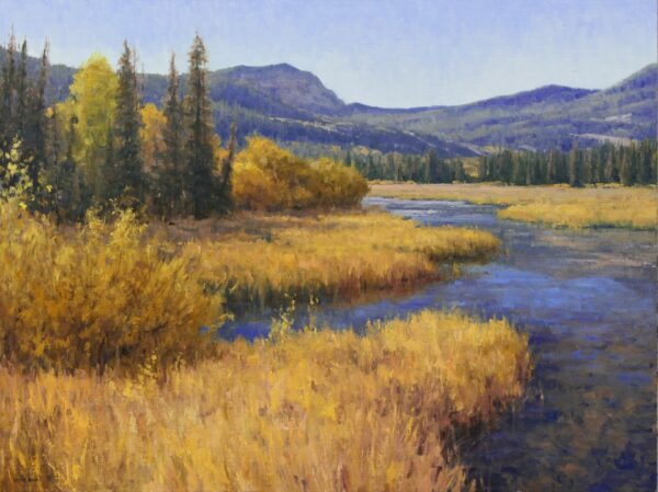 painting of a lakes edge, covered in fall grasses with mountains in the background