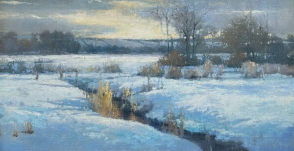 painting of a sunset reflected in the snow covered banks or a small creek