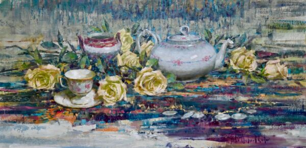 painting of a teapot and roses