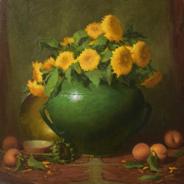 still life of teddy bear sunflowers in a green vase