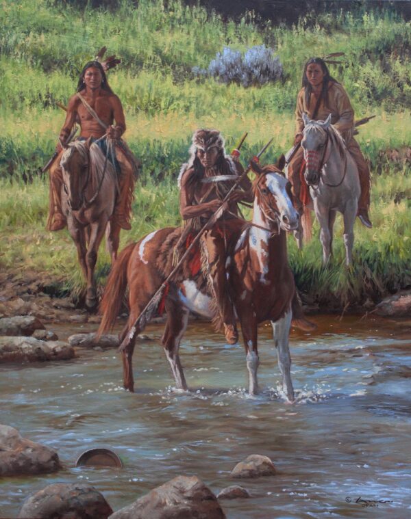 painting of three native americans riding horses into a creek