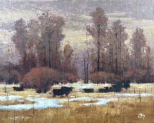 painting of some cows stangins in.a snow strewn field with trees and a winter sky in the background