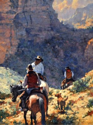 painting of two coyboys on horseback, riding on a narrow trail