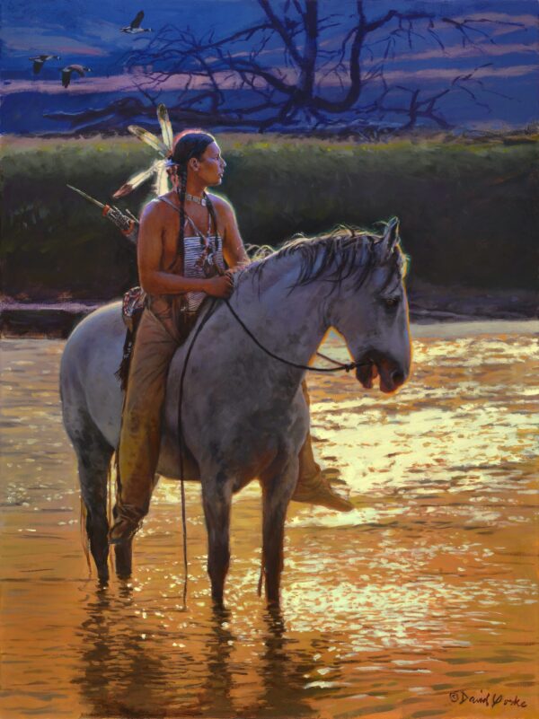 painting of a native american seated on a horse with backlighting