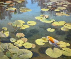 painting of water lillies on queit warter with a koi fish