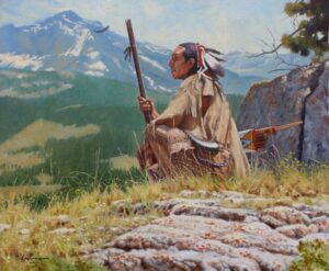 painting of a native american sitting cross-legged on a knoll looking over the territory