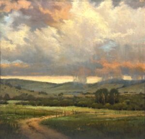 painting of a beautiful stormy sky over a rural landscape