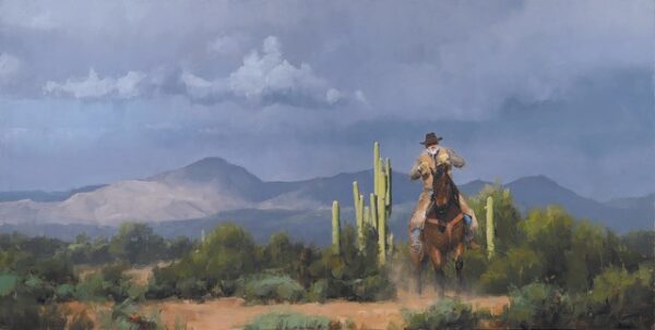 painting of a horseman riding a horse between two tall cactus in the desert rain