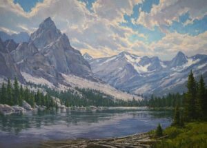 painting of a beautiful lake with a mountain bacground