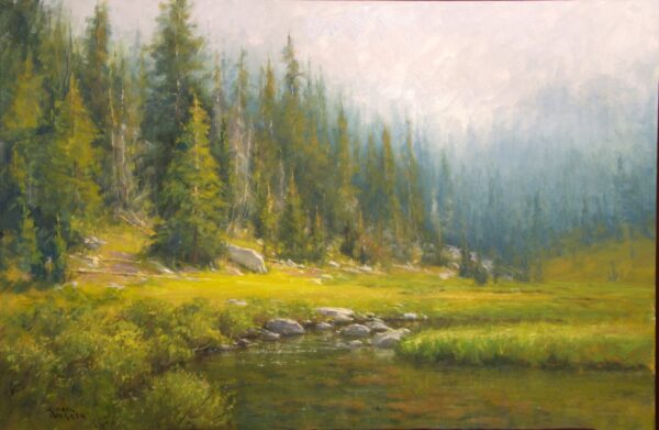 painting of a cedar lined riverbank in the morning mist